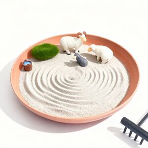 Mini Zen Garden with Sheep Figurines Japanese Sand Tray Meditation Decor
